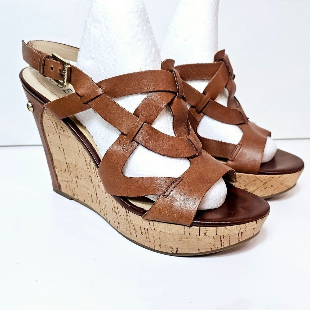 Guess Y2K Inspo Brown Leather Strappy Platform Wedge Sandals Size 9.5